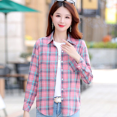 妈妈长袖纯棉格子衬衫女宽松