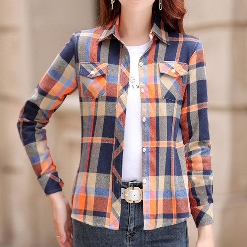 修身格子长袖纯棉衬衫女