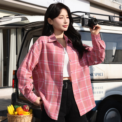 春秋港风复古格子衬衫女新款美式