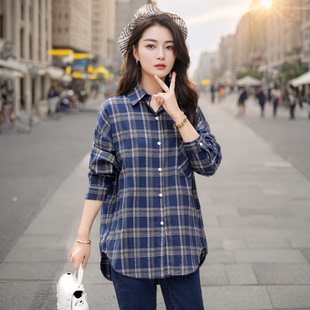 宽松显瘦百搭女装 2025纯棉女士中长款 韩版 春秋新款 衬衣女 格子衬衫