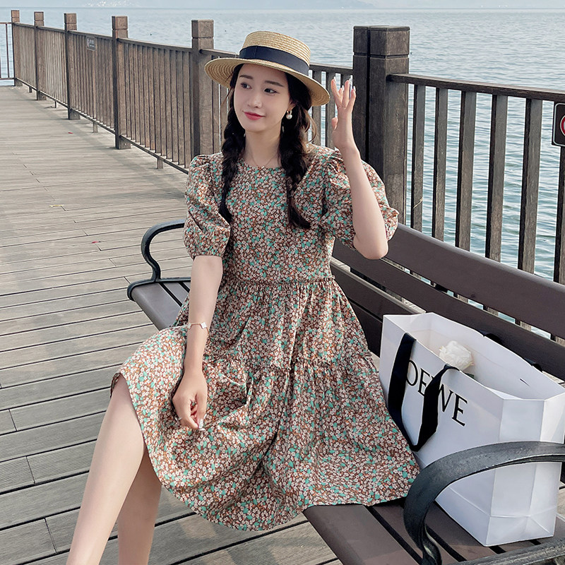 泡泡袖碎花连衣裙女2025夏季新款法式田园风收腰显瘦甜美a字短裙,女装连衣裙,金十上