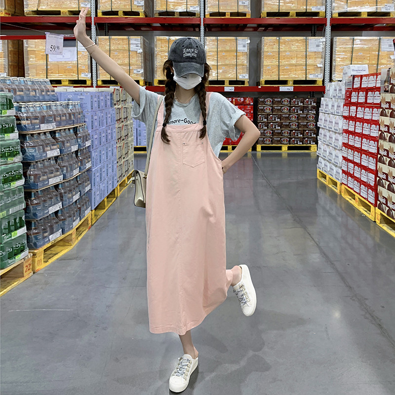 粉色甜美宽松背带裙女装夏季新款小清新学院风设计感显瘦连衣裙子,女装连衣裙,金十上