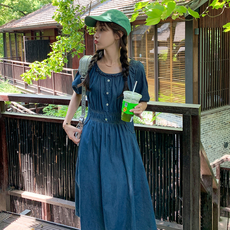新款现货  小众设计感木耳边牛仔连衣裙235-313-P120-控178图片