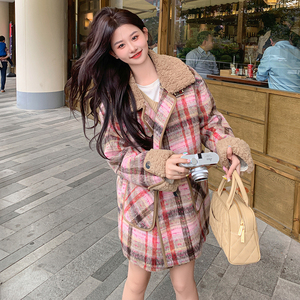 美拉德粉格纹毛呢外套女2023秋冬新款欧货宽松中长款加厚呢子大衣图片