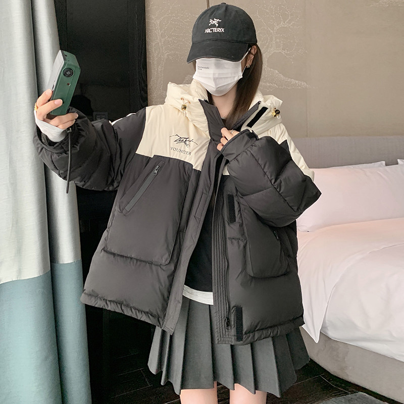【现货】90绒宽松撞色印花羽绒服外套235-365-P275-控398,女装羽绒服,金十上
