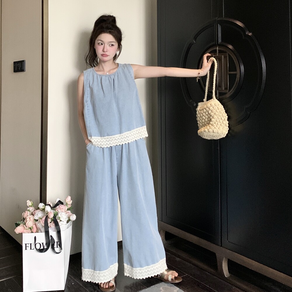 甜美漂亮浅蓝色蕾丝花边背心套装女2025夏季新款洋气阔腿裤两件套,女装套装/套裙,金十上