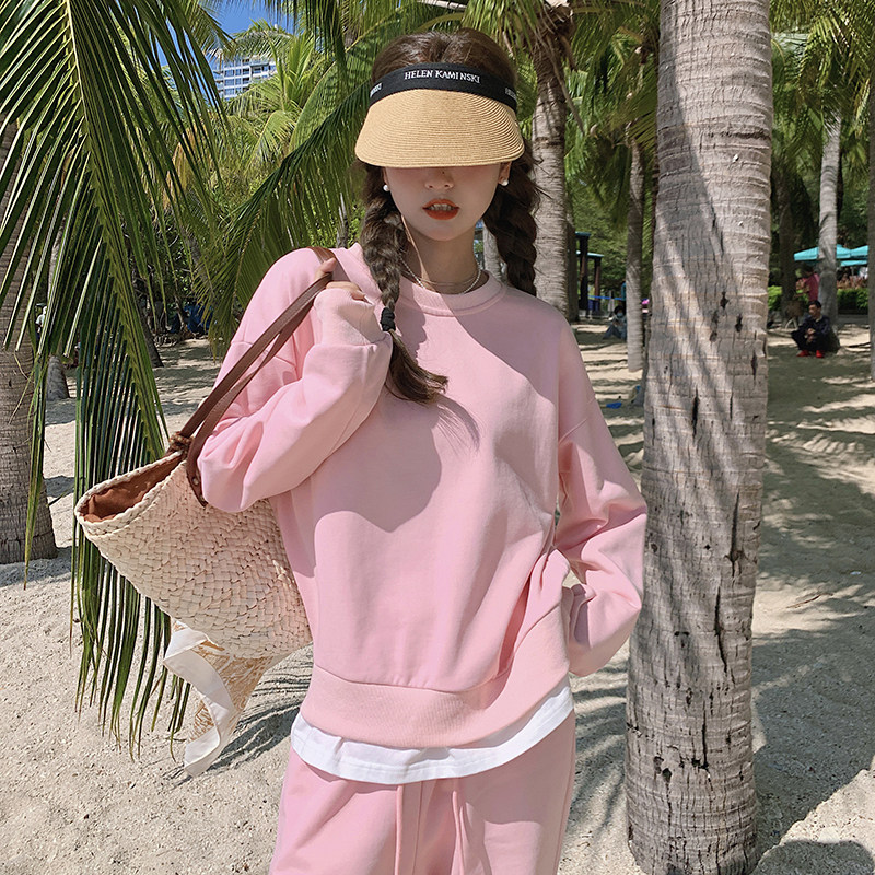 现货春装休闲时尚粉色两件套卫衣235-K5-P155-控218，女装运动套装，金十上