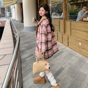 美拉德粉格纹毛呢外套女2023秋冬新款欧货宽松中长款加厚呢子大衣图片