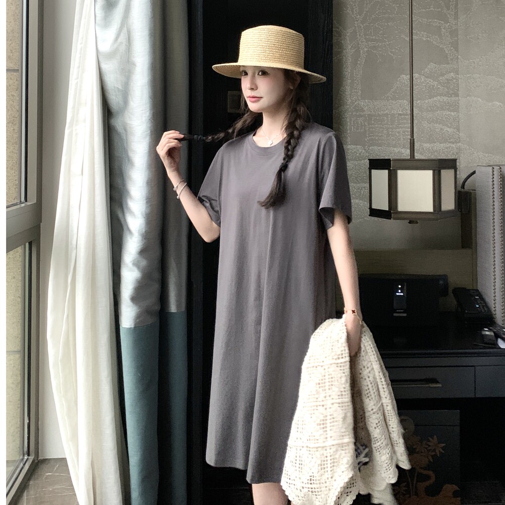 黑色T恤连衣裙女2025夏季新款韩版宽松休闲显瘦罩衫叠穿裙子套装,女装连衣裙,金十上