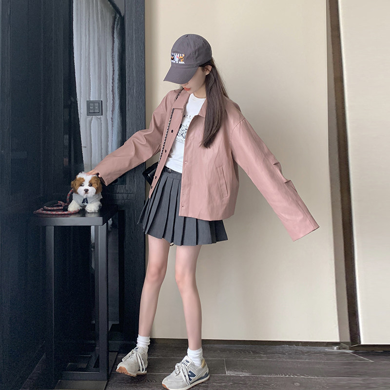 新款现货简约翻领单排扣短外套皮衣235-328-P145-198,女装短外套,金十上