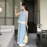 新款减龄无袖薄款牛仔阔腿裤两件套235-2508-P145-控218，女装套装/套裙，金十上