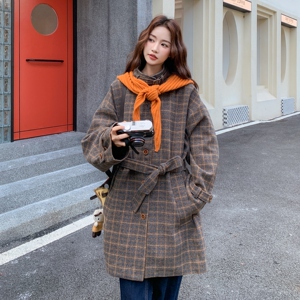 英伦风格子毛呢外套女冬季新款小个子时尚中长款翻领百搭呢子大衣图片