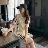 休闲条纹米色T恤连衣裙女夏2025学院风减龄慵懒松弛直筒polo长裙，女装连衣裙，金十上