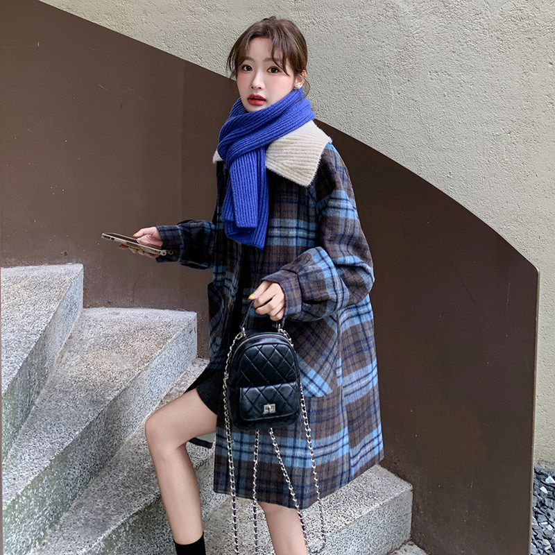 针织翻领格纹毛呢外套女冬新款韩系小个子复古气质宽松呢子大衣,女装毛呢外套,金十上