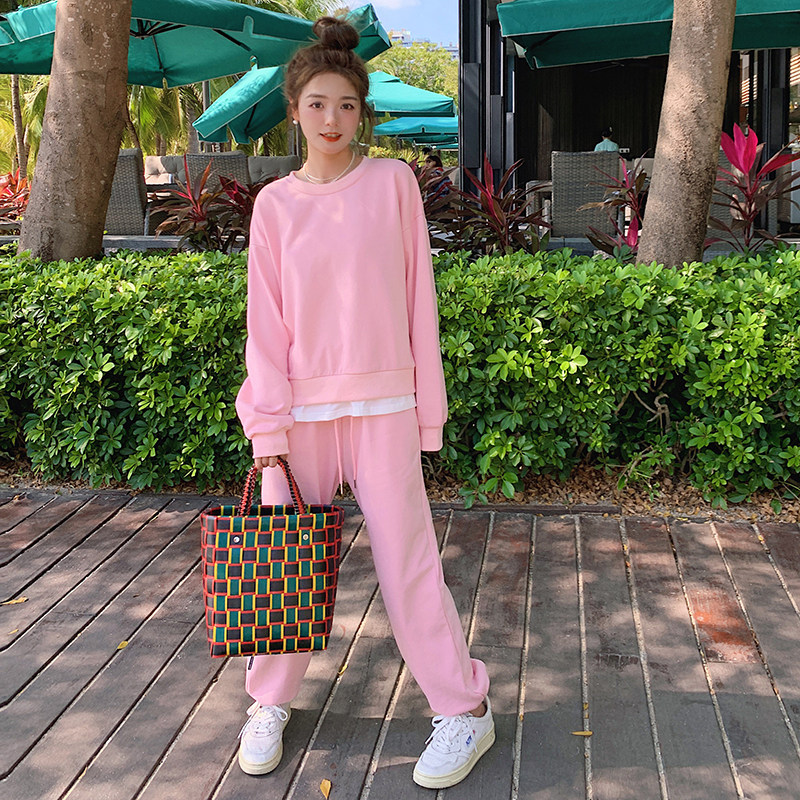 现货春装休闲时尚粉色两件套卫衣235-K5-P155-控218,女装运动套装,金十上