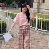 粉色t恤短袖上衣套装女春秋季2025新款高腰垂感显瘦阔腿裤两件套，女装T恤，金十上