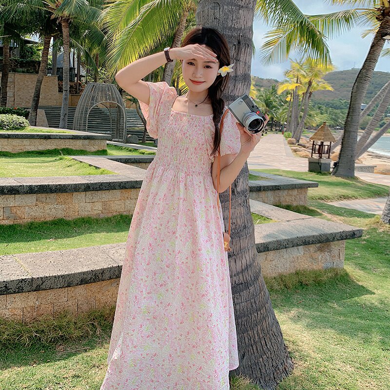 粉色法式泡泡袖碎花连衣裙女2024夏季新款小清新超仙森系显瘦长裙,女装连衣裙,金十上