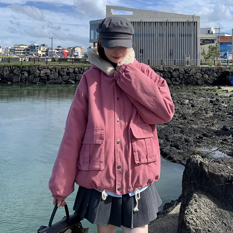 韩版加厚保暖工装派克棉服女2025年冬季新款显瘦连帽粉色加绒棉衣,女装派克服,金十上