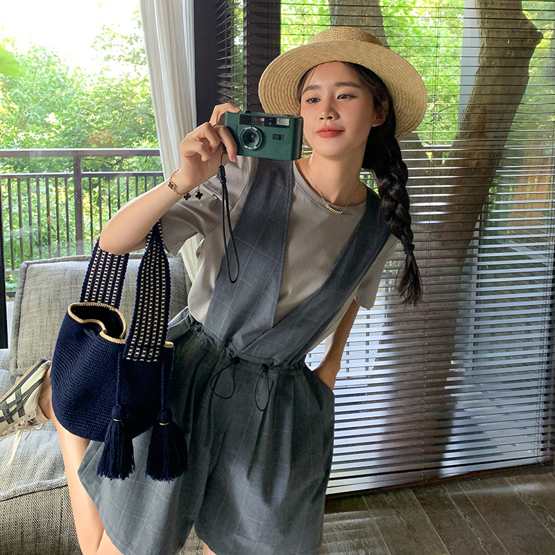 盐系轻熟穿搭格子背带裤女夏薄款2025年新款洋气减龄短裤,女装连体裤,金十上