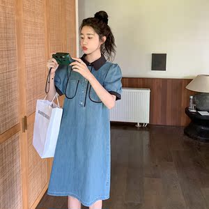 休闲撞色拼接牛仔连衣裙女夏2025新款爆款流行简单大方小个子裙子图片