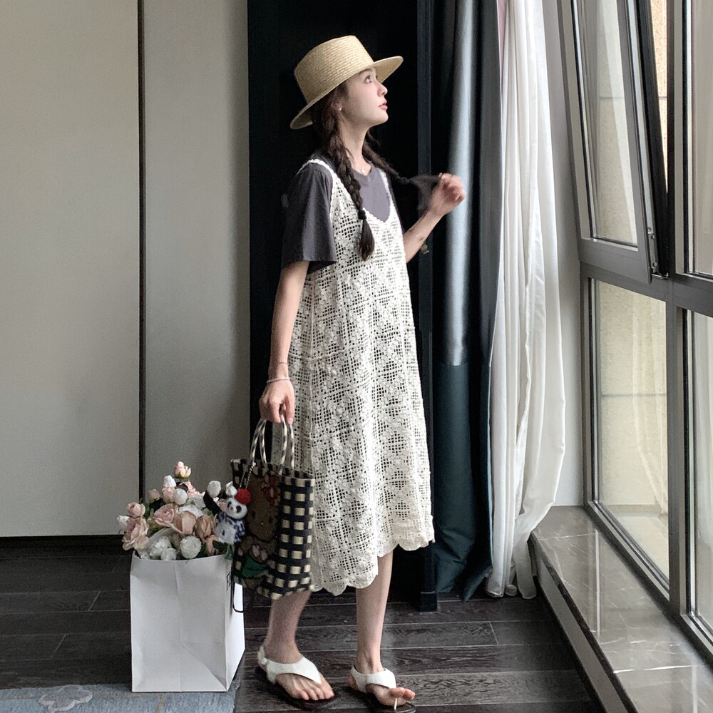 黑色T恤连衣裙女2025夏季新款韩版宽松休闲显瘦罩衫叠穿裙子套装,女装连衣裙,金十上