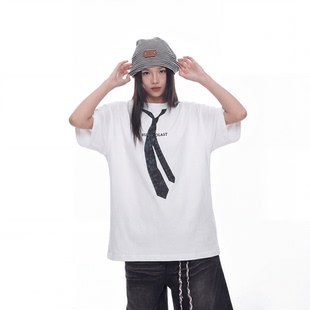 美式设计感高克重领带印花圆领短袖t恤女夏季宽松纯棉半袖上衣潮