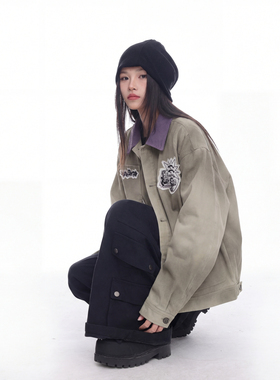 美式复古做旧喷染贴布绣工装外套女早春新款潮牌宽松休闲开衫夹克