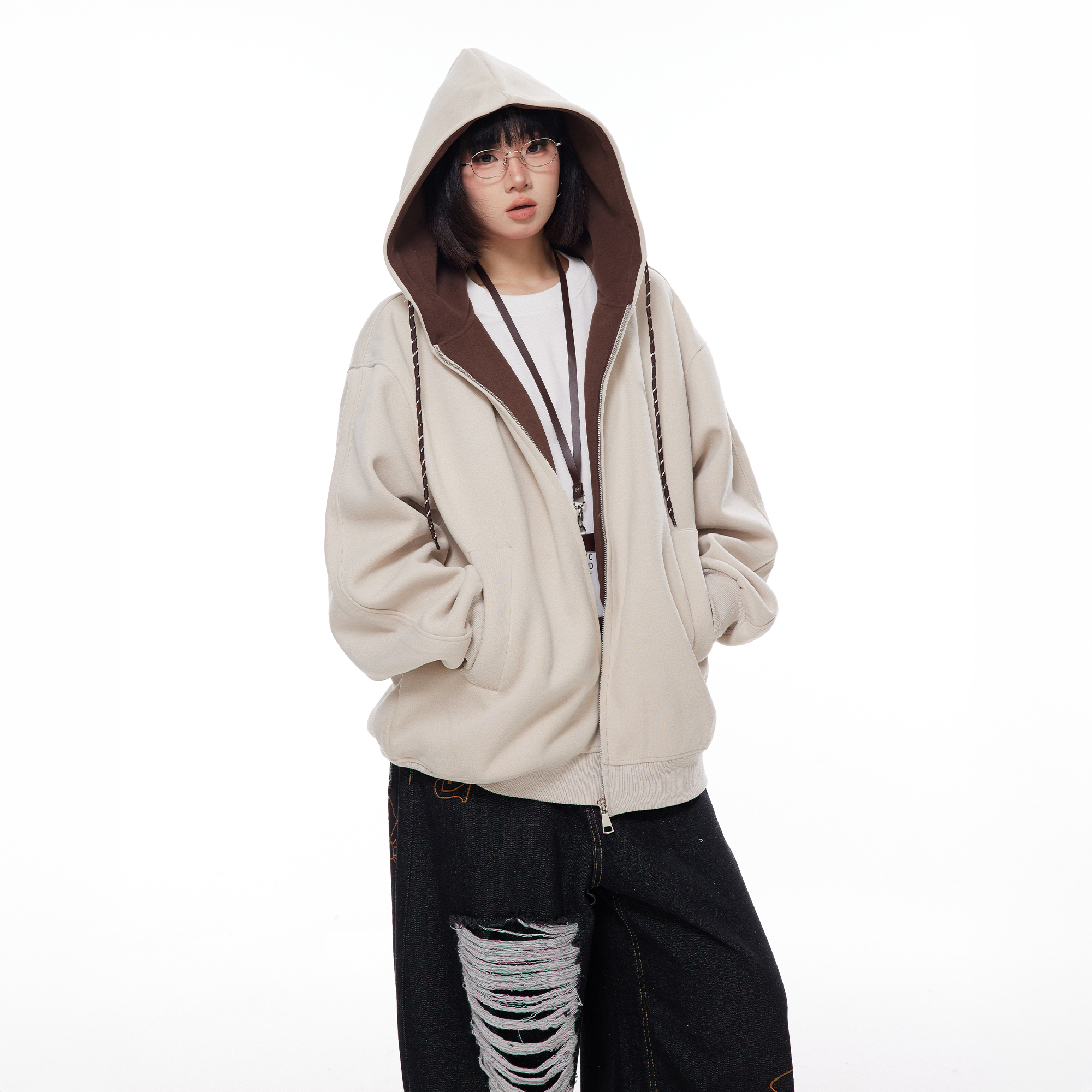 美式复古撞色连帽卫衣外套