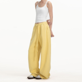 黄色弯刀裤 加绒卫裤 女秋冬慵懒风宽松阔腿裤 美式 休闲加厚运动裤 子