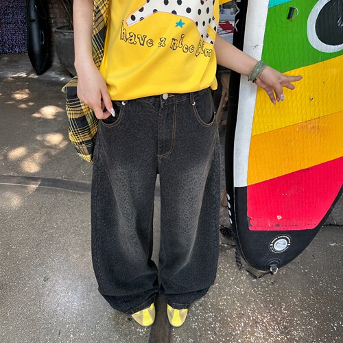 美式复古豹纹弯刀牛仔裤女新款