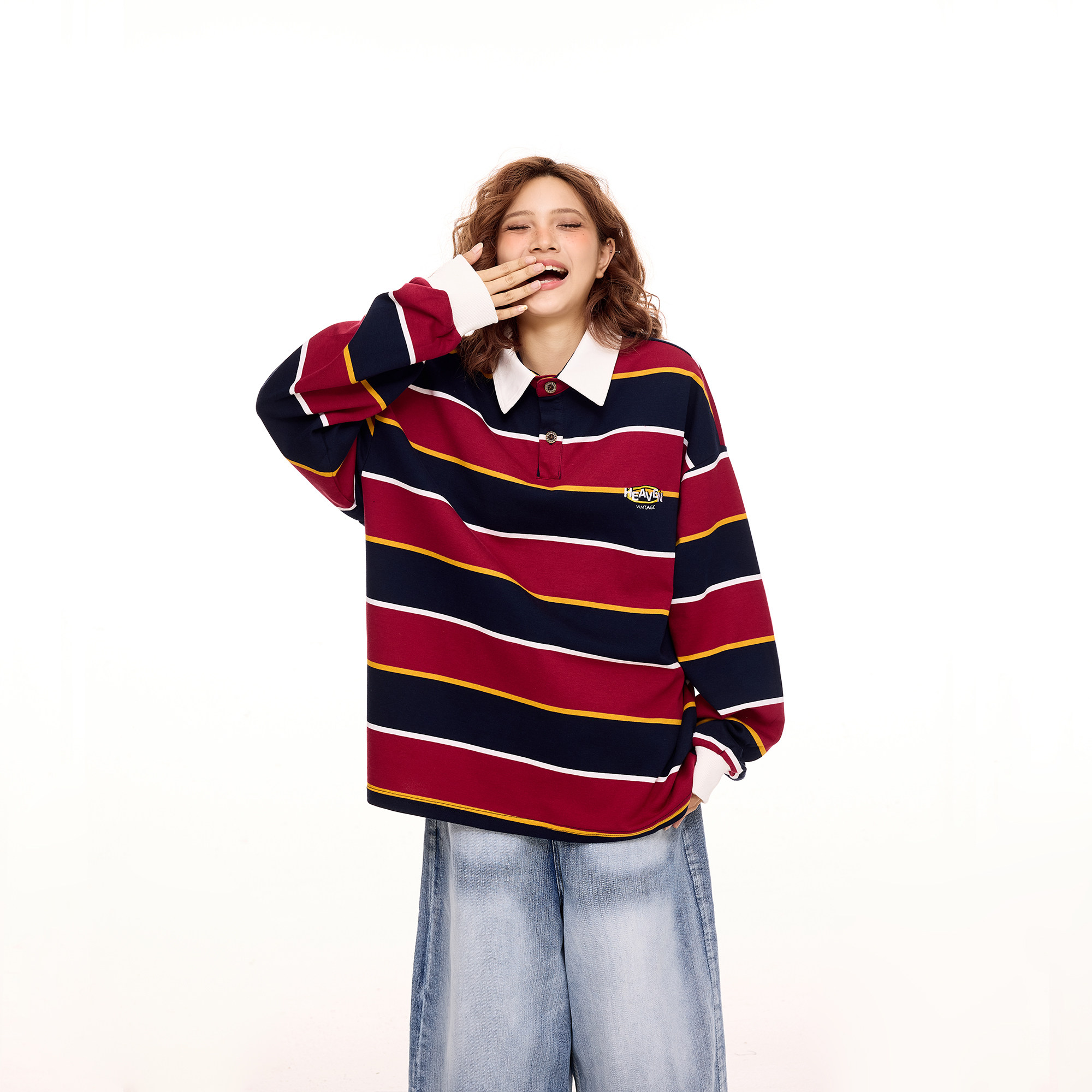 美式复古翻领刺绣条纹长袖t恤女秋季新款慵懒风宽松polo衫上衣潮,女装/女士精品,T恤,淘宝优惠券,粉丝福利购,淘宝优惠卷