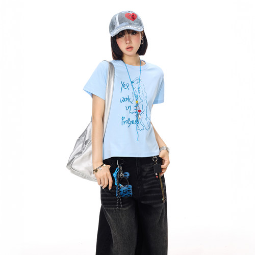 美式卡通狗狗印花正肩t恤女