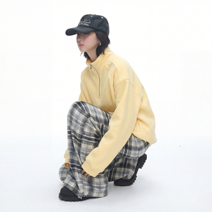 美式复古黄色立领半拉链卫衣女春季新款设计感宽松套头上衣外套潮