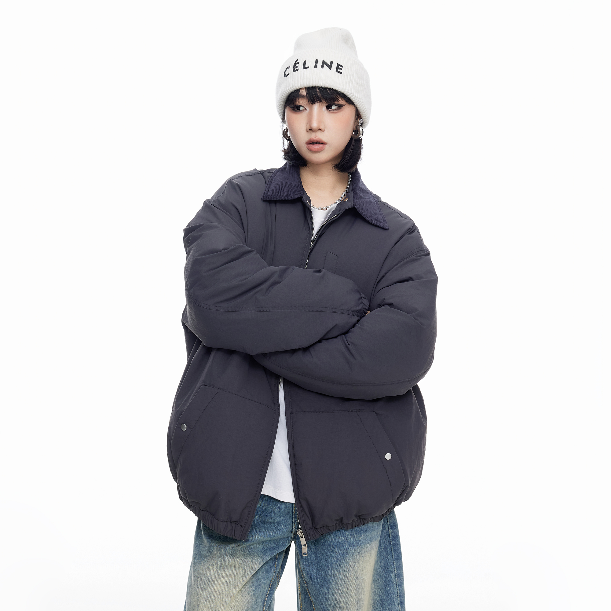 美式复古翻领撞色棉服女2025新款冬季拼接设计感宽松保暖棉衣外套