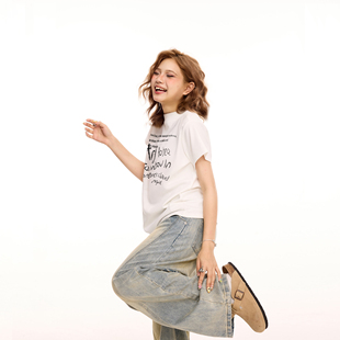 街头显瘦纯棉短款 t恤女夏季 小高领上衣 苹果印花白色正肩短袖 美式