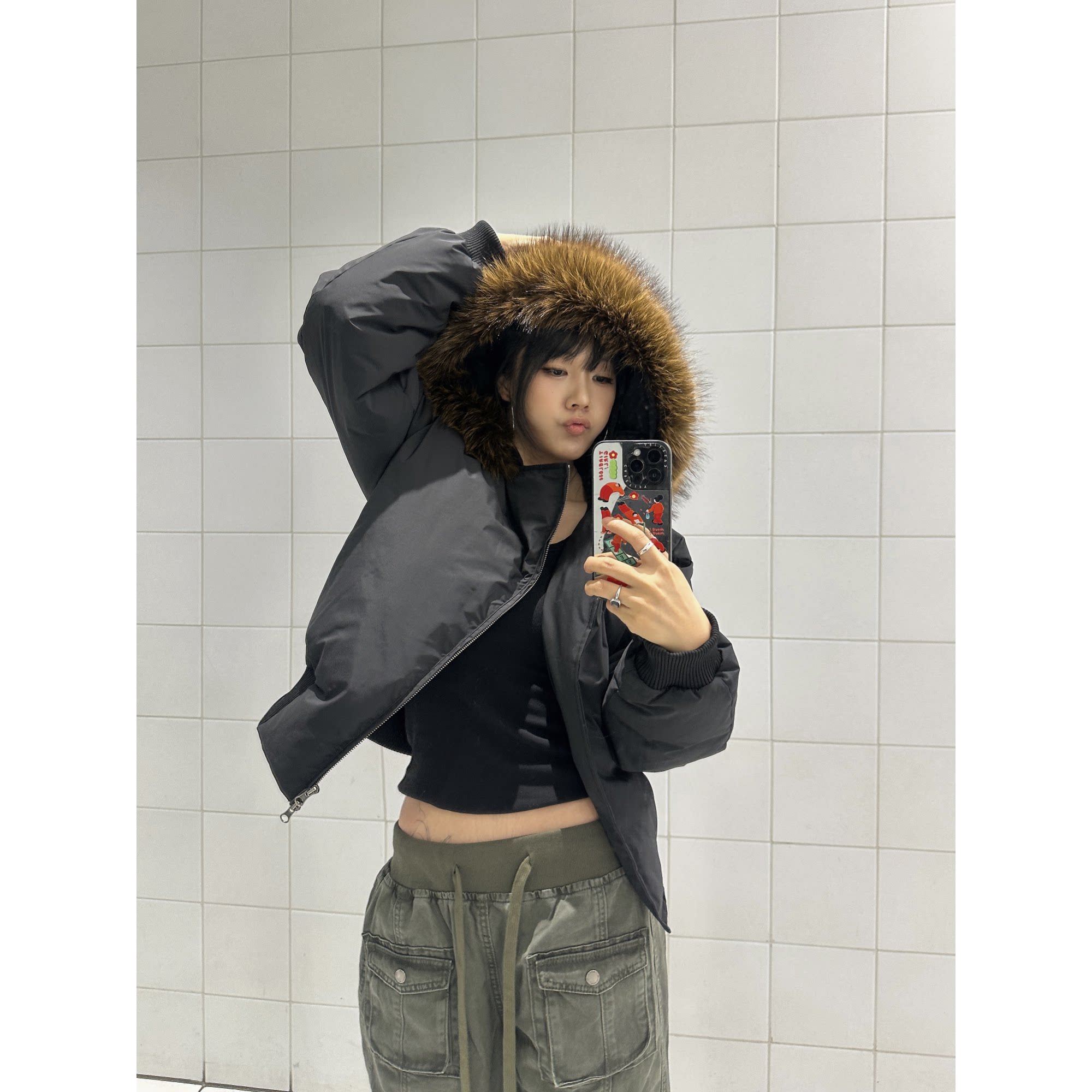 y2k美式辣妹黑色棉衣棉服女短款连帽大毛领机车加厚冬季外套棉袄