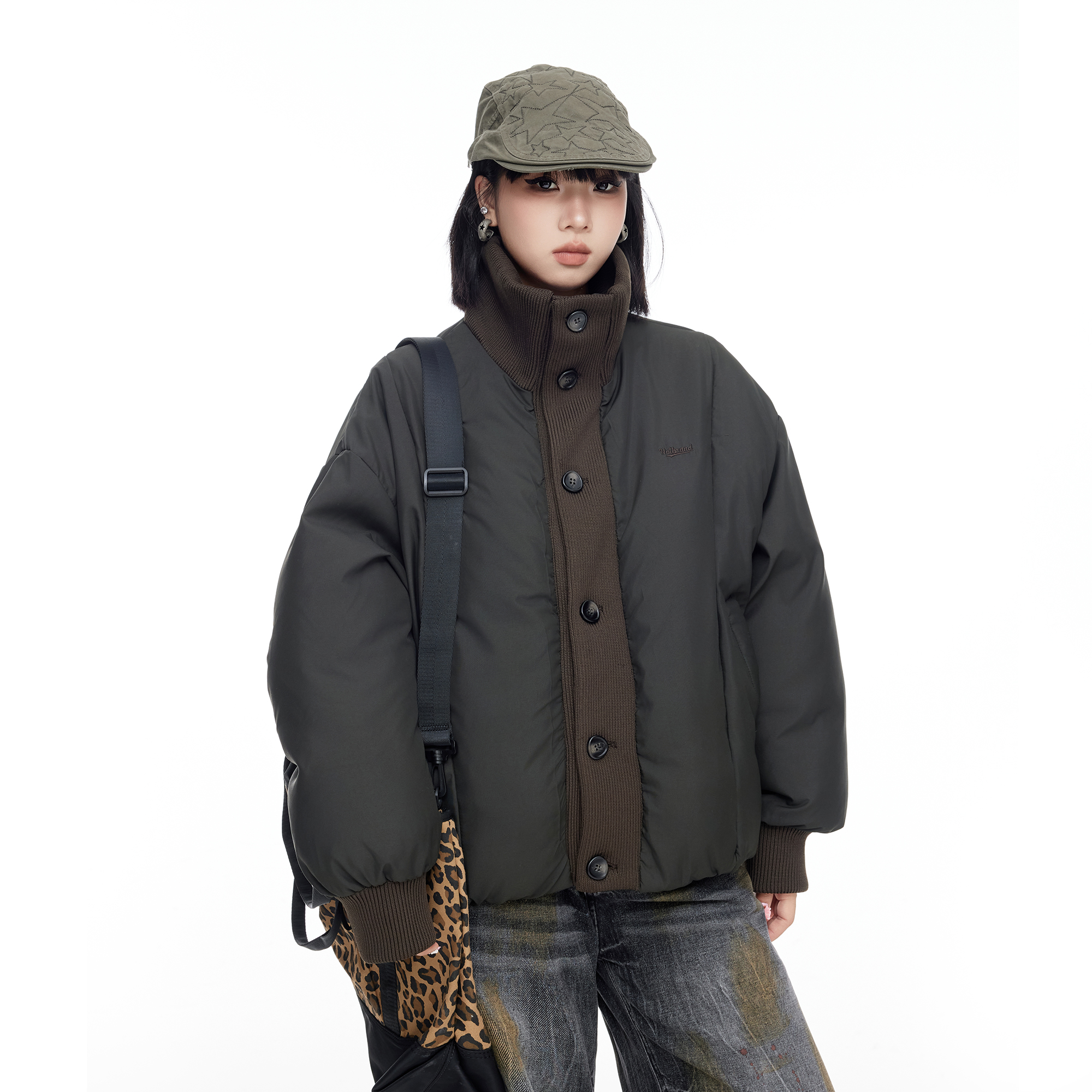 复古针织高领加厚棉服女款2025新款冬季设计感宽松休闲棉衣外套潮