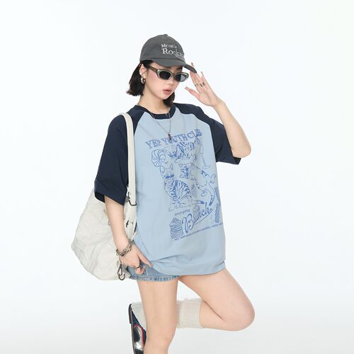 美式卡通印花撞色插肩袖短袖t