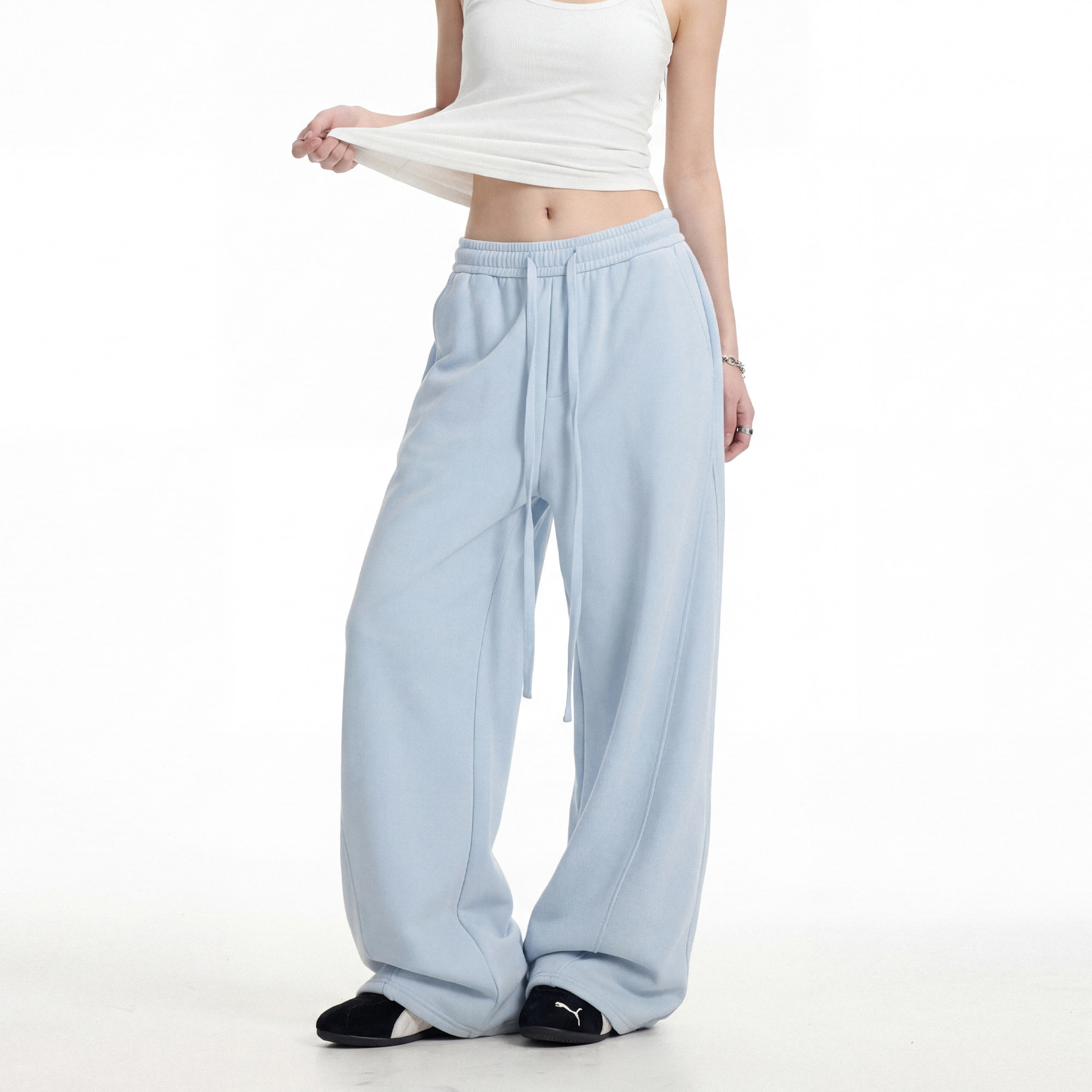 美式蓝色直筒运动卫裤女2026新款春季宽松弯刀裤多巴胺休闲裤长裤,女装/女士精品,卫裤,淘宝优惠券,粉丝福利购,淘宝优惠卷