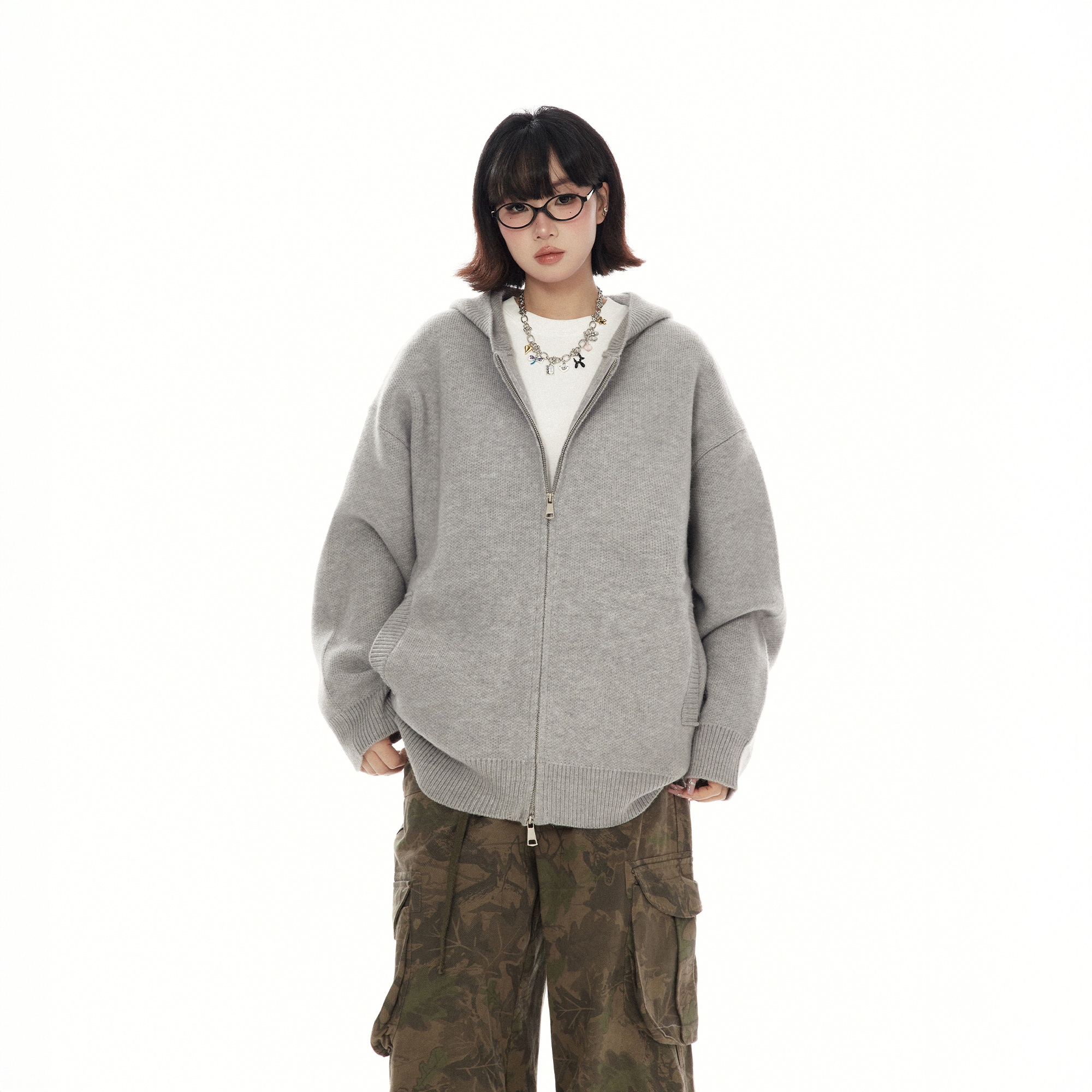 美式复古基础款连帽毛衣开衫女