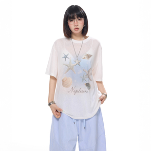 设计感慵懒风宽松上衣潮 美式 复古海星涂鸦微透短袖 t恤女夏季 薄款