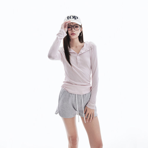 薄款半开领连帽长袖t恤女2026新款夏季纯色慵懒风罩衫修身上衣潮