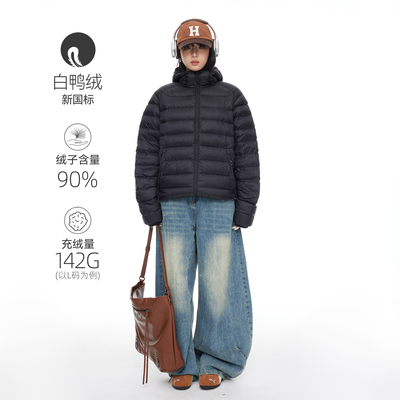 美式简约纯色连帽排骨羽绒服女款2025新款设计感显瘦短款黑色外套