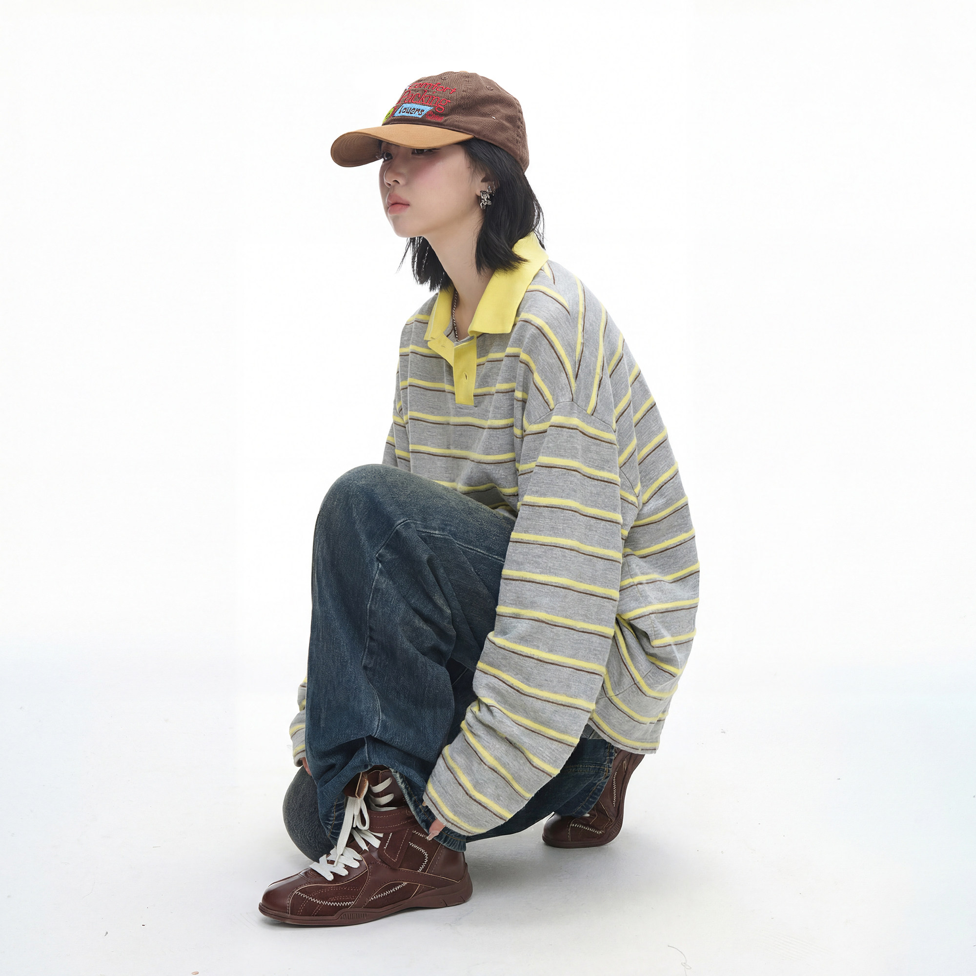 美式复古条纹V领长袖t恤女春夏2026新款慵懒风宽松套头POLO领罩衫,女装/女士精品,T恤,淘宝优惠券,粉丝福利购,淘宝优惠卷