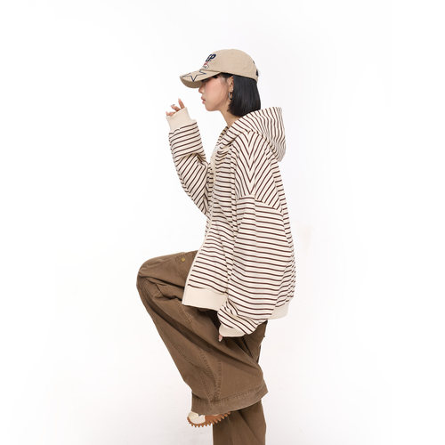 美式复古条纹连帽卫衣女2025新款秋季慵懒感oversize拉链开衫外套