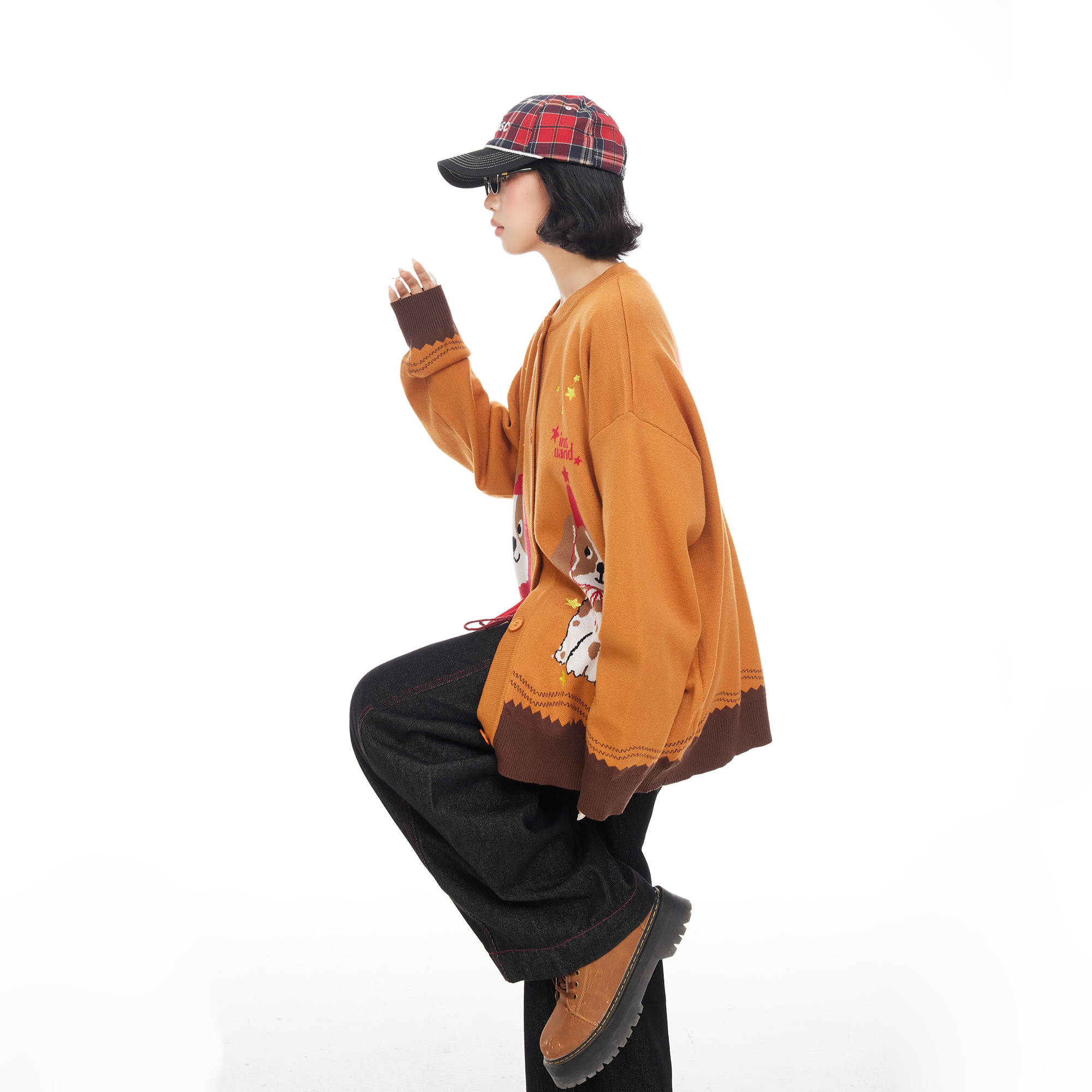 美式复古卡通小狗提花毛衣开衫女秋季慵懒风宽松长袖针织衫上衣潮