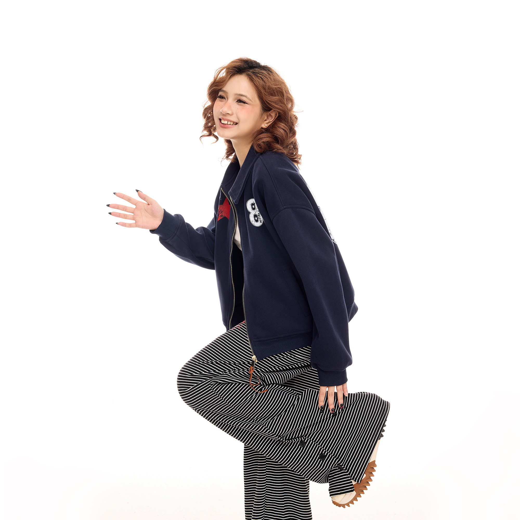 美式复古数字印花藏青色开衫卫衣女秋季宽松百搭短款运动翻领外套