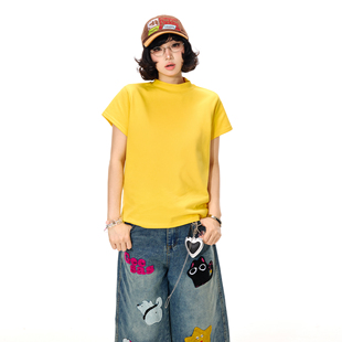 新款 t恤女夏季 设计感显瘦正肩上衣潮 复古卡通印花半高领短袖 美式