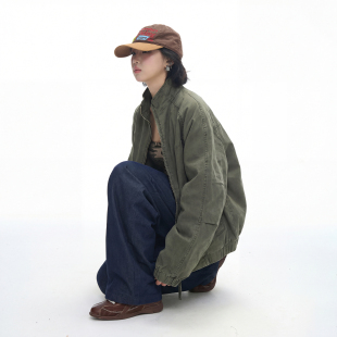 短宽休闲开衫 美式 春季 外套女春秋2026新款 夹克潮 复古水洗立领工装