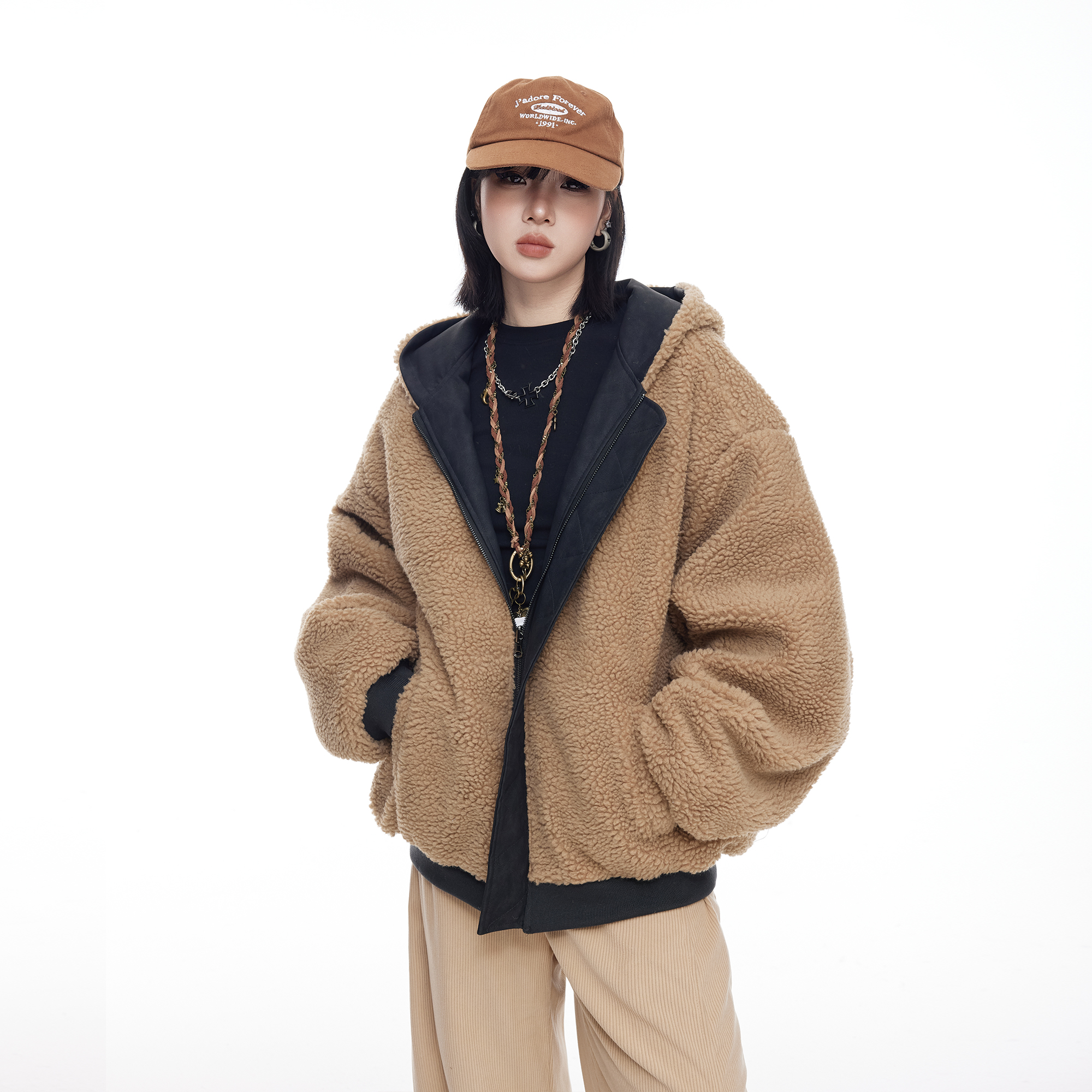 美式复古两面穿摇粒绒外套女秋冬加厚2025新款慵懒风宽松pu皮棉衣